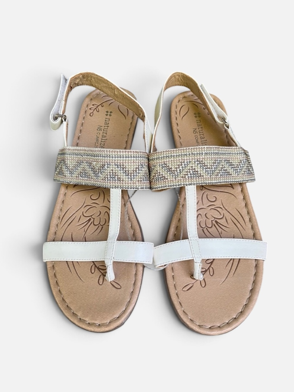 Naturalizer N5 Comfort "Wheeler" White Vegan Leather Beaded T-Strap Flat Sandal